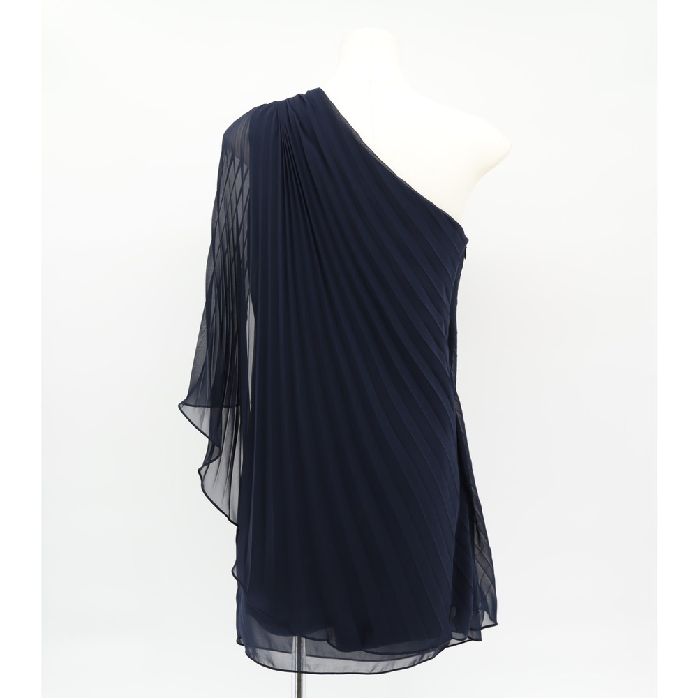 Xscape Sz 6 One Shoulder Pleated Bejeweled Lined Sheer Mini Dress Navy - Picture 3 of 6